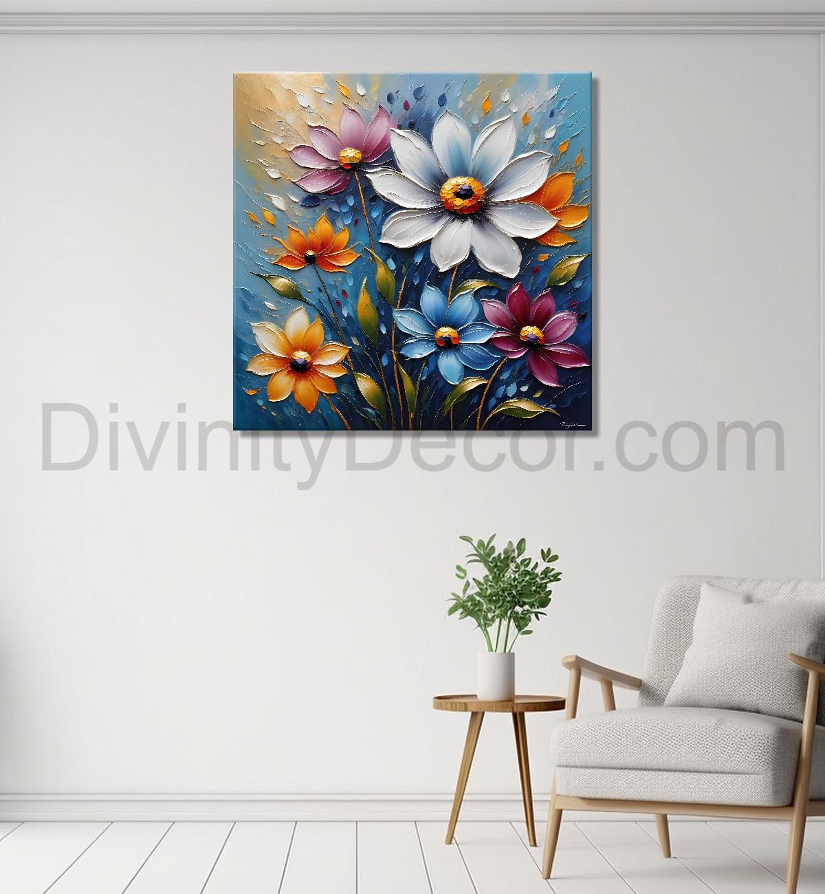 Colourful flowers in blue background  textured painting  - Flower-S-73