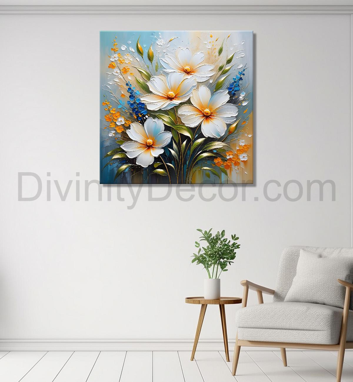White flowers in blue background  textured painting  - Flower-S-74