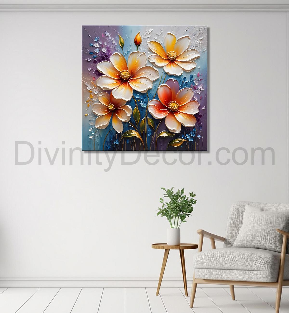 Peach flowers in blue background textured painting   - Flower-S-75