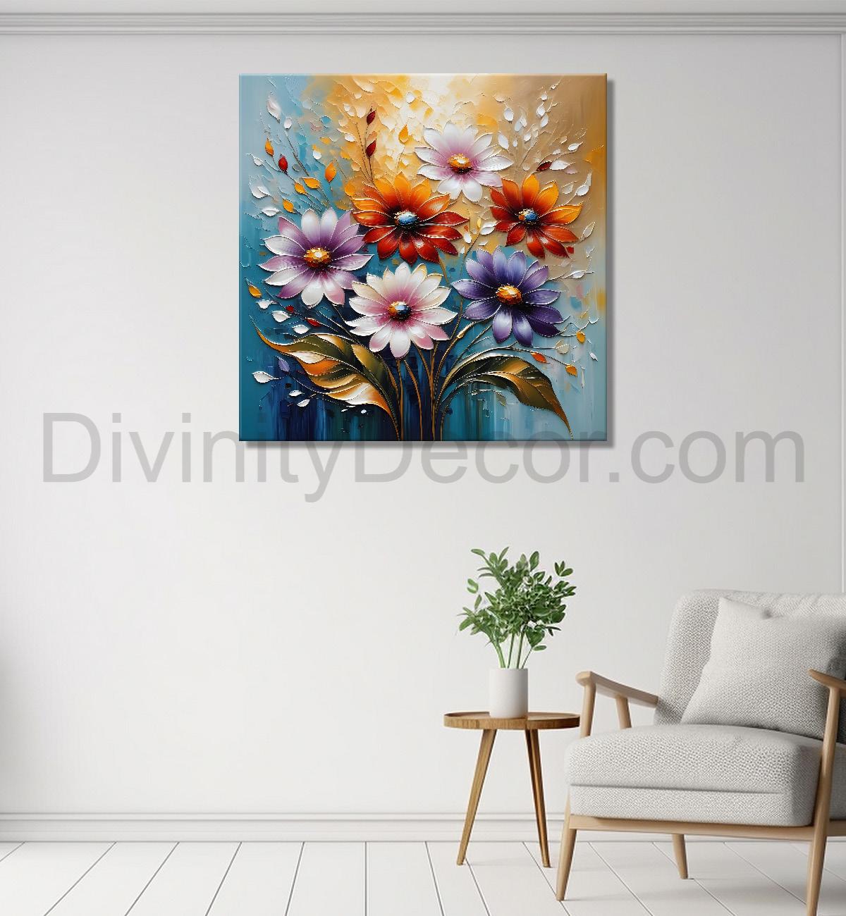 Colourful flowers in blue  background  textured painting  - Flower-S-76