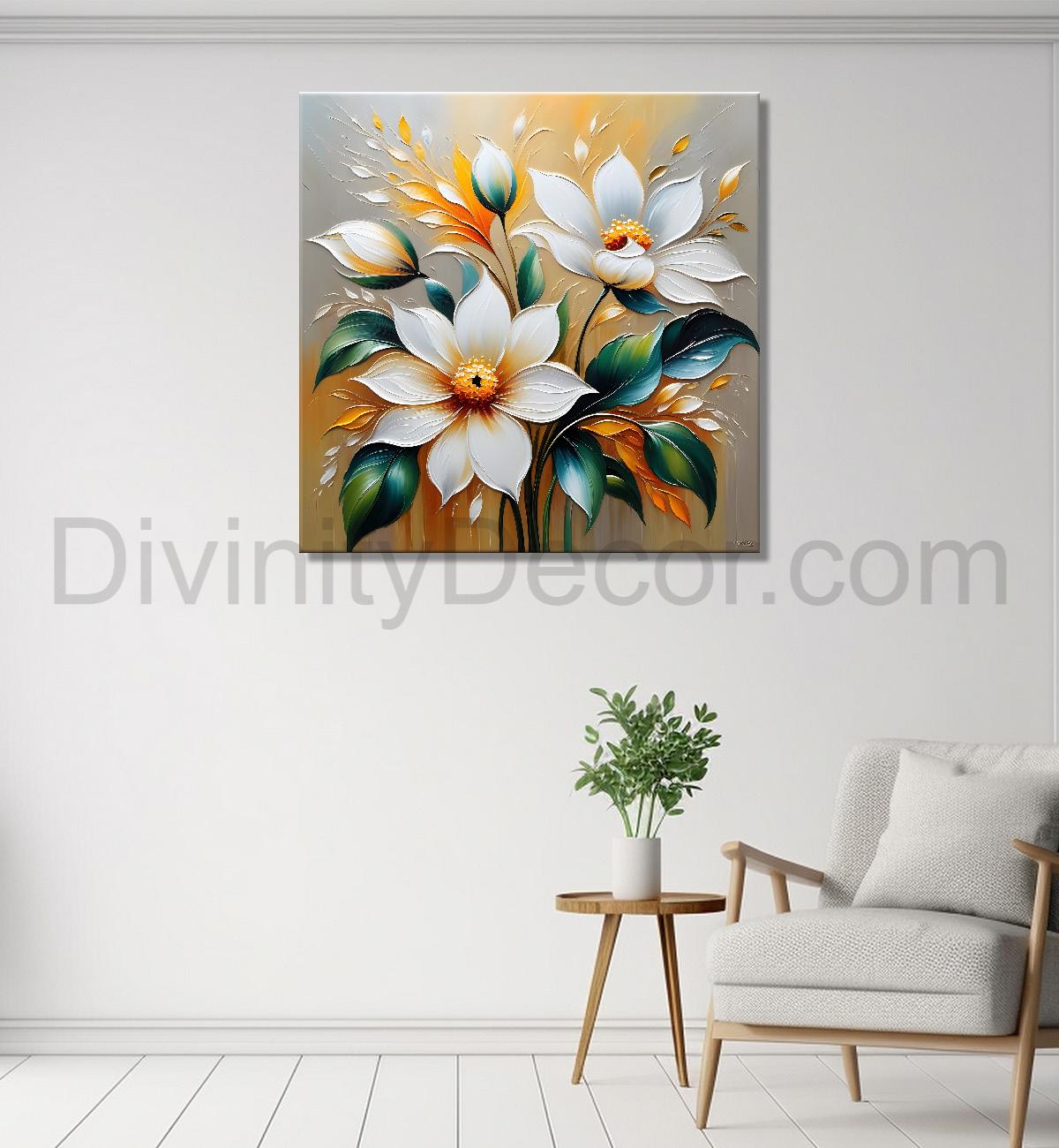 White flowers with grey background  textured painting - Flower-S-77