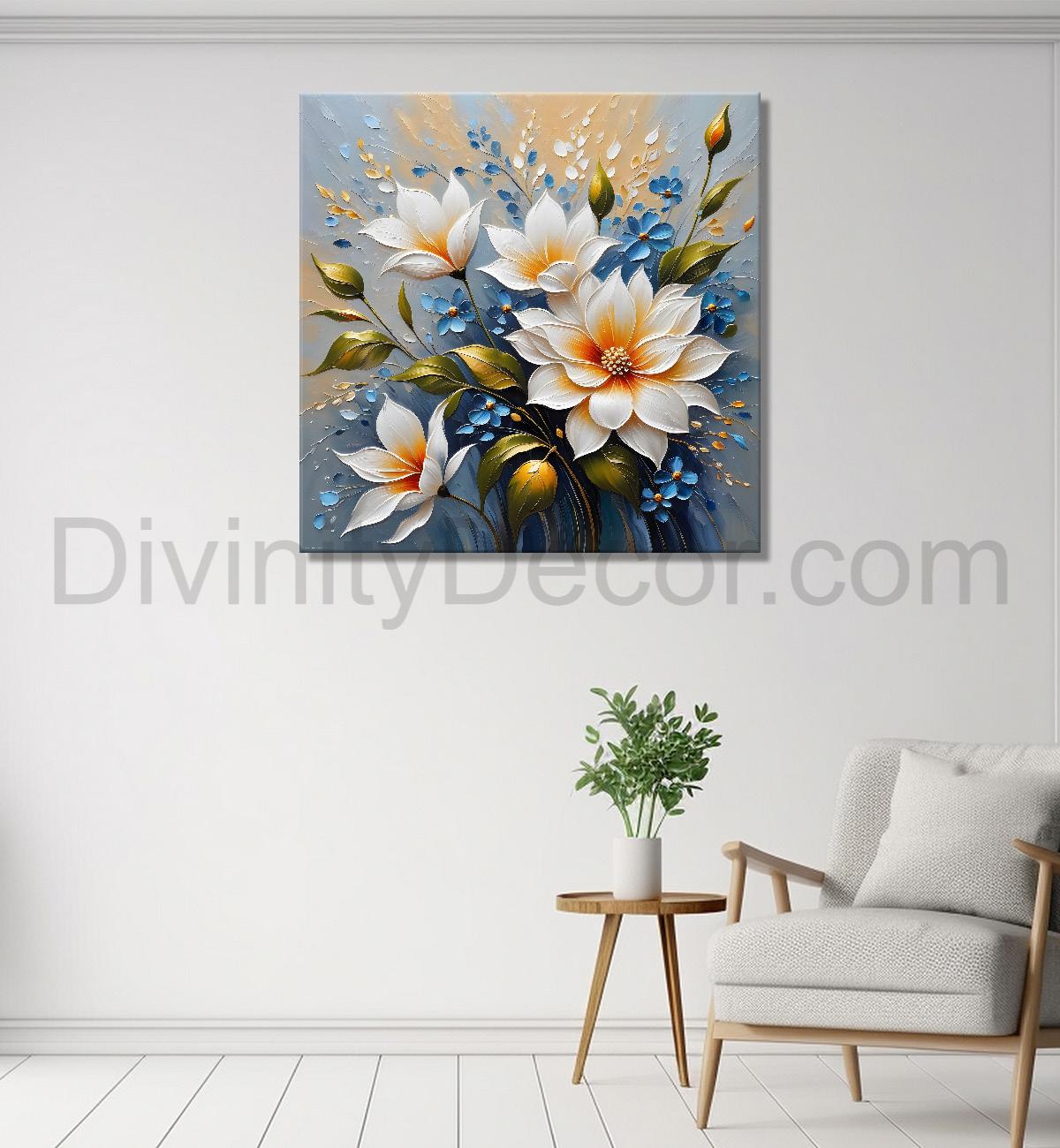 White flowers with grey background  textured painting - Flower-S-78
