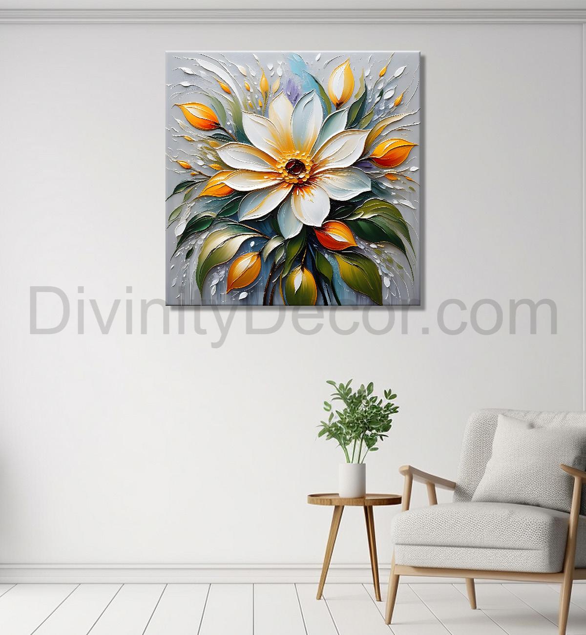 White flowers with grey background  textured painting  - Flower-S-79