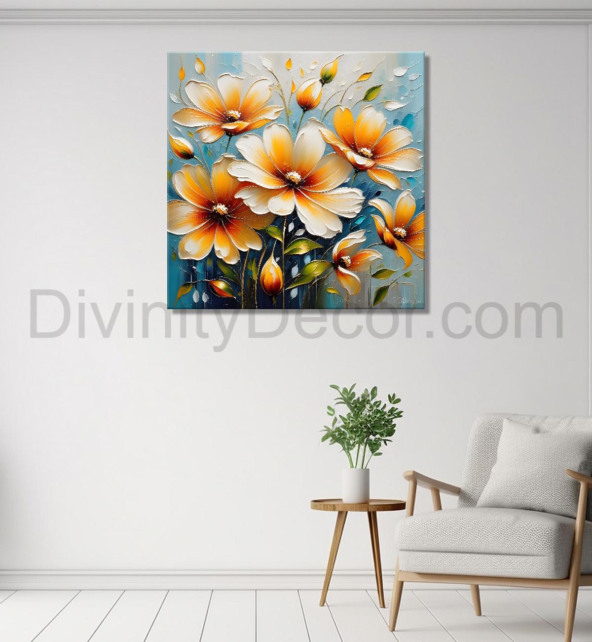 Orange flowers in sky blue background  textured painting  - Flower-S-80