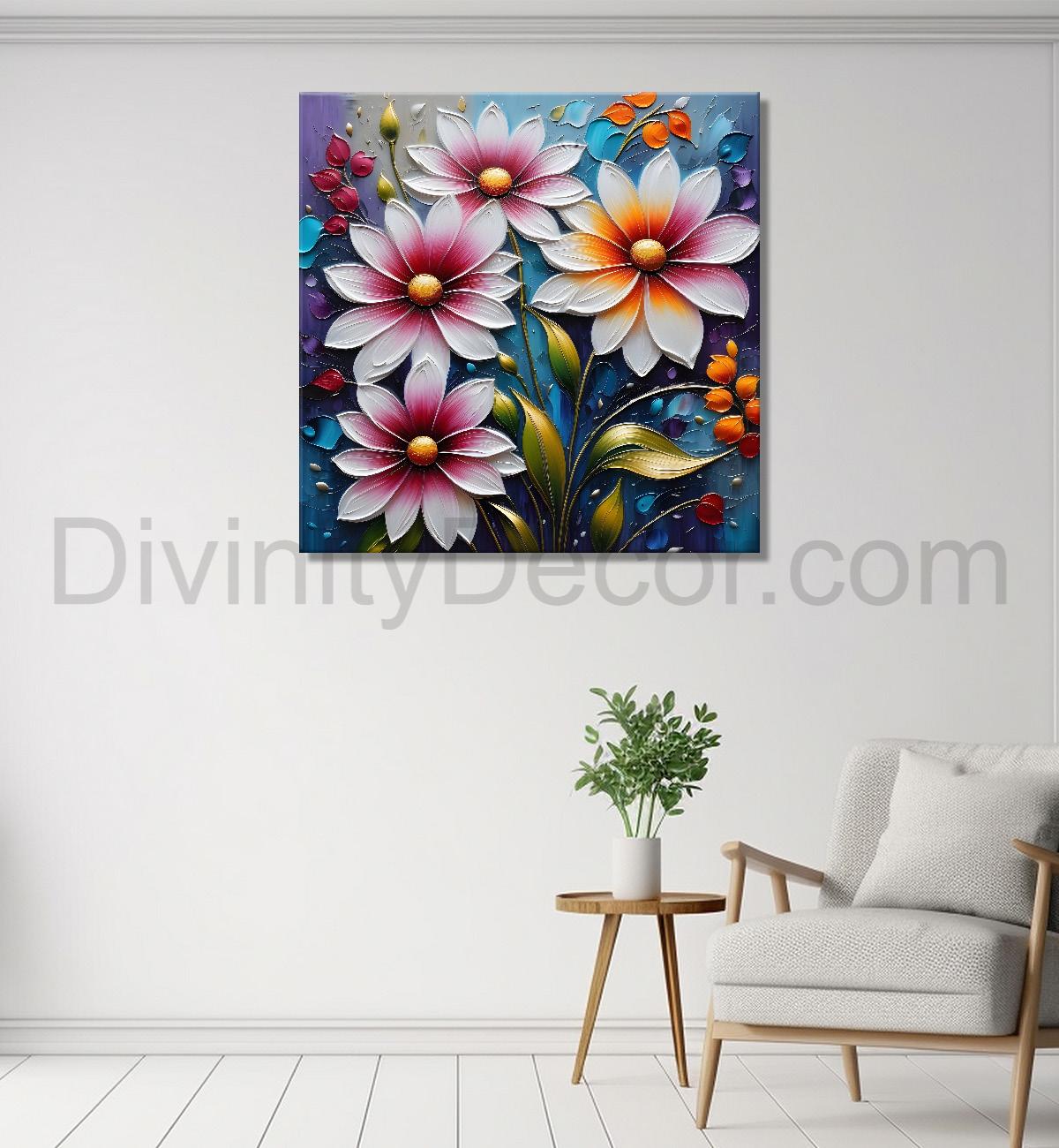 Purple flowers in blue background  textured painting  - Flower-S-81
