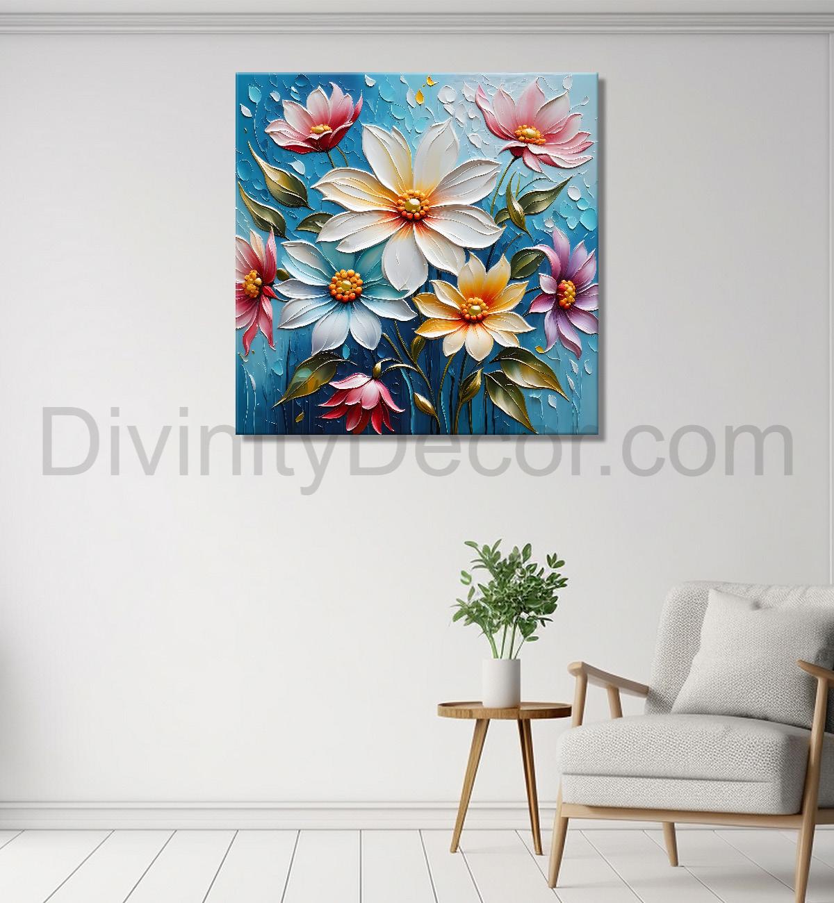 White flowers in blue background  textured painting  - Flower-S-82