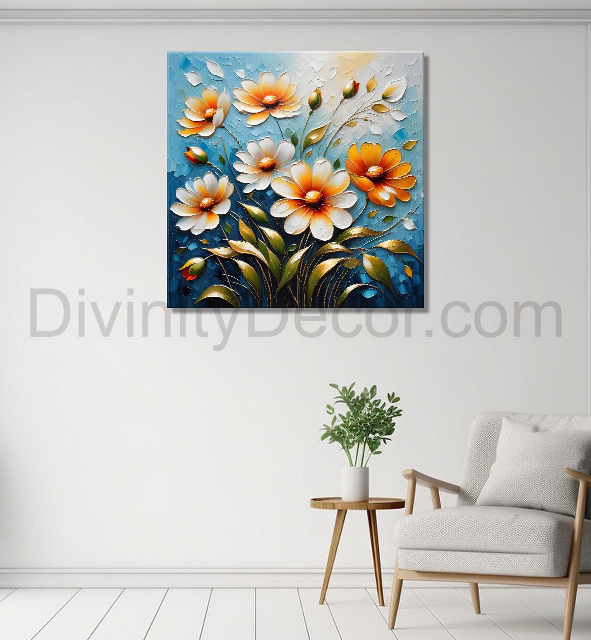 White and orange flowers in blue textured painting  - Flower-S-83