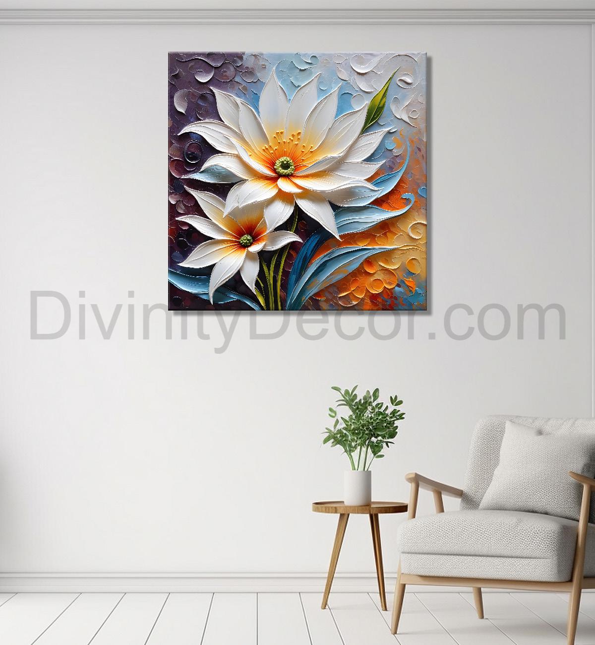 White flowers in colourful background textured painting - Flower-S-84