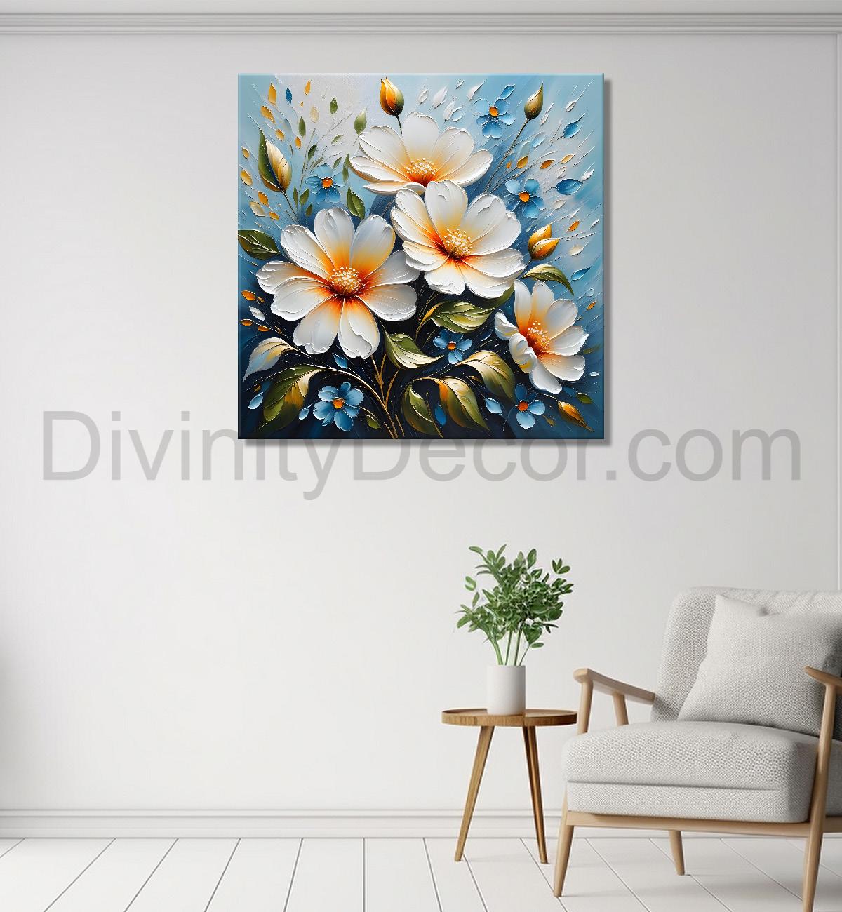 White flowers in blue background textured painting - Flower-S-85