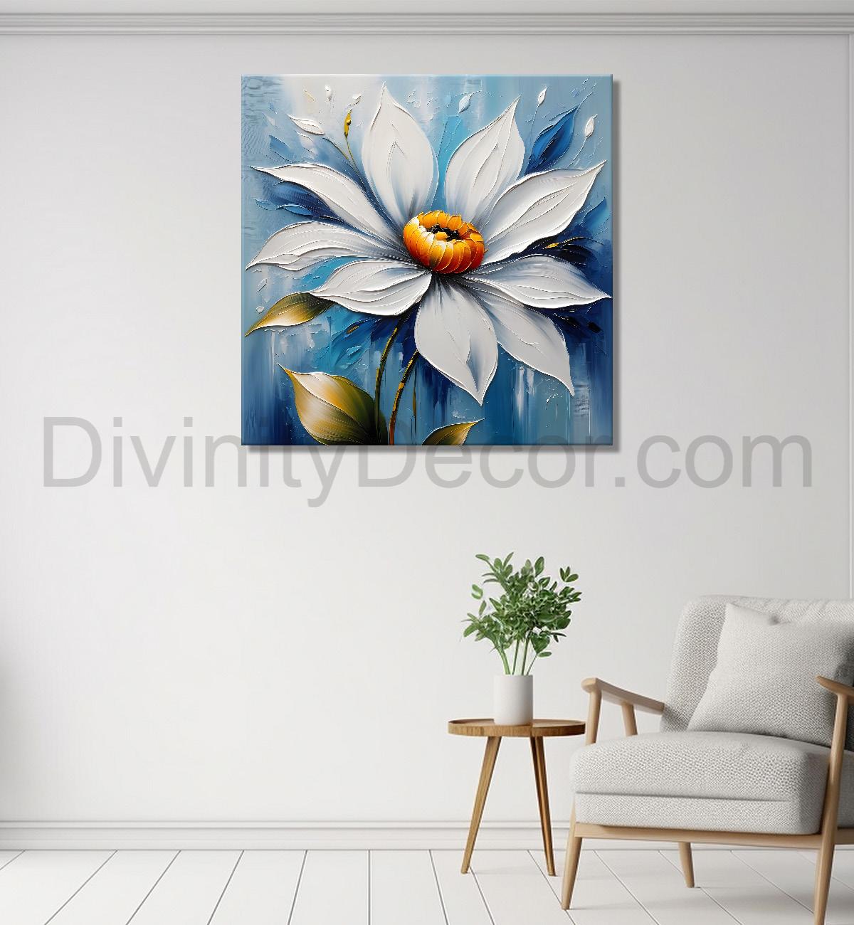 White flowers in blue  background textured painting - Flower-S-87