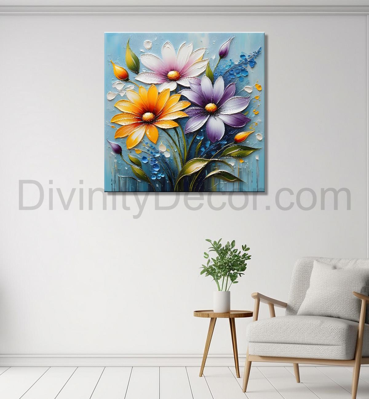 Orange and purple flowers in blue background textured painting - Flower-S-88