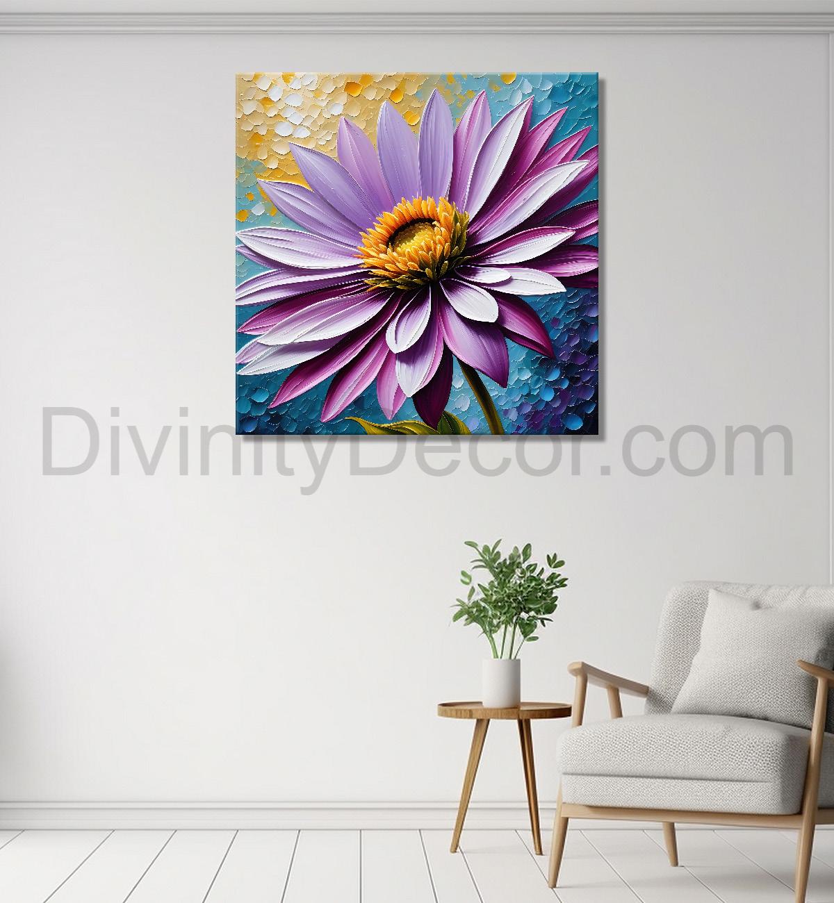 Purple flower in blue background textured painting - Flower-S-89