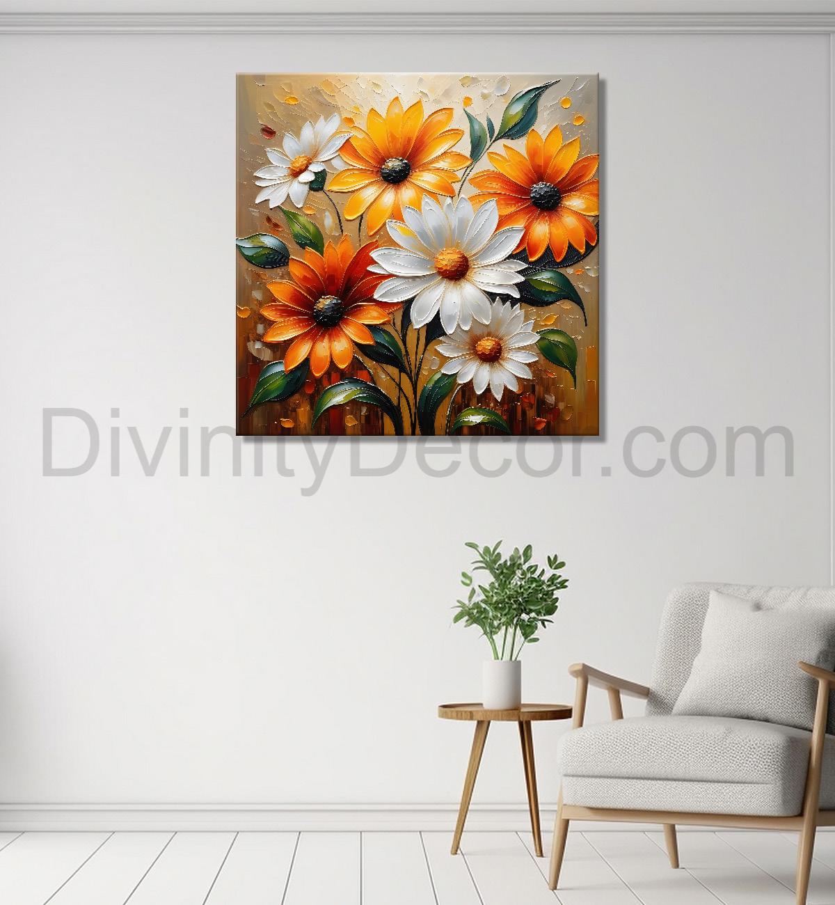 Orange and white flowers in light brown textured painting - Flower-S-91