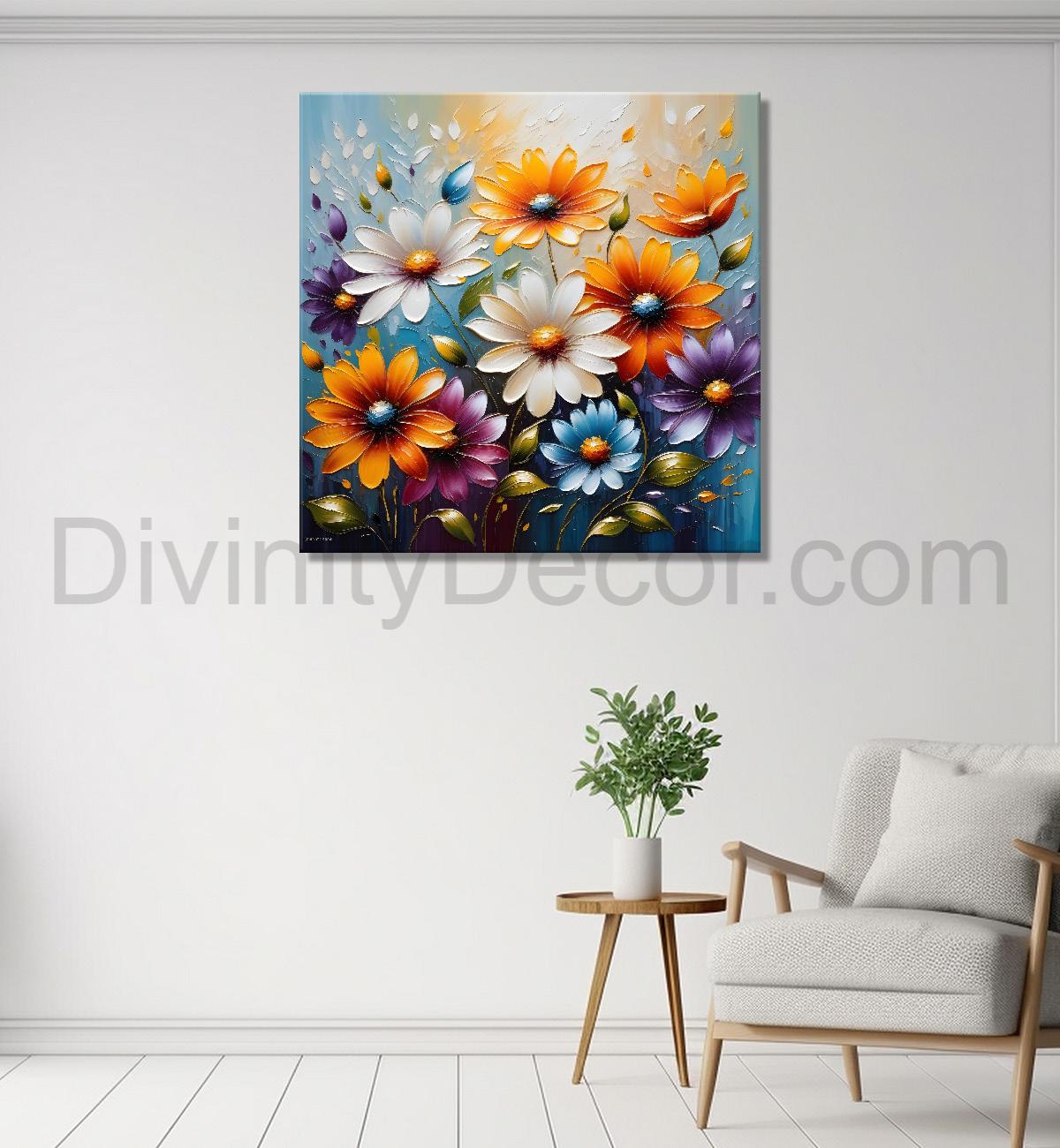 Colourful flowers in grey background textured painting  - Flower-S-93