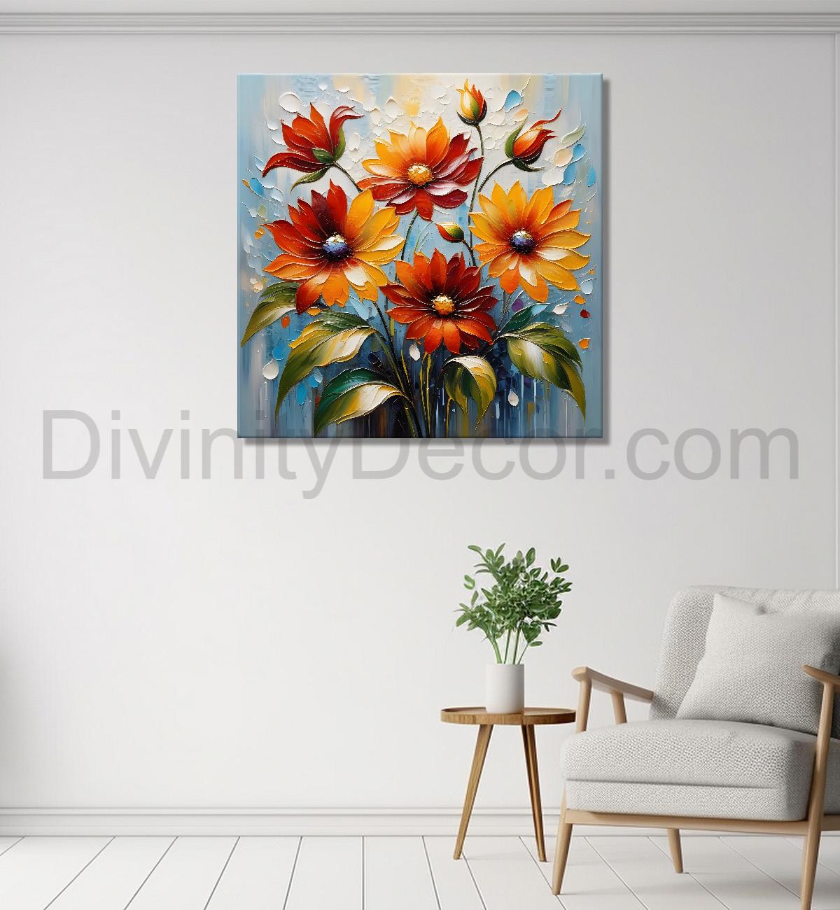 Orange flowers in grey  background textured painting  - Flower-S-94