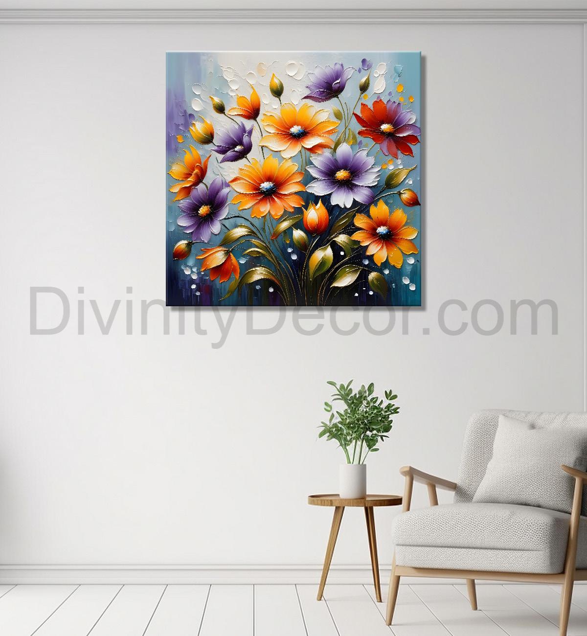 Colourful flowers in grey background textured painting - Flower-S-96