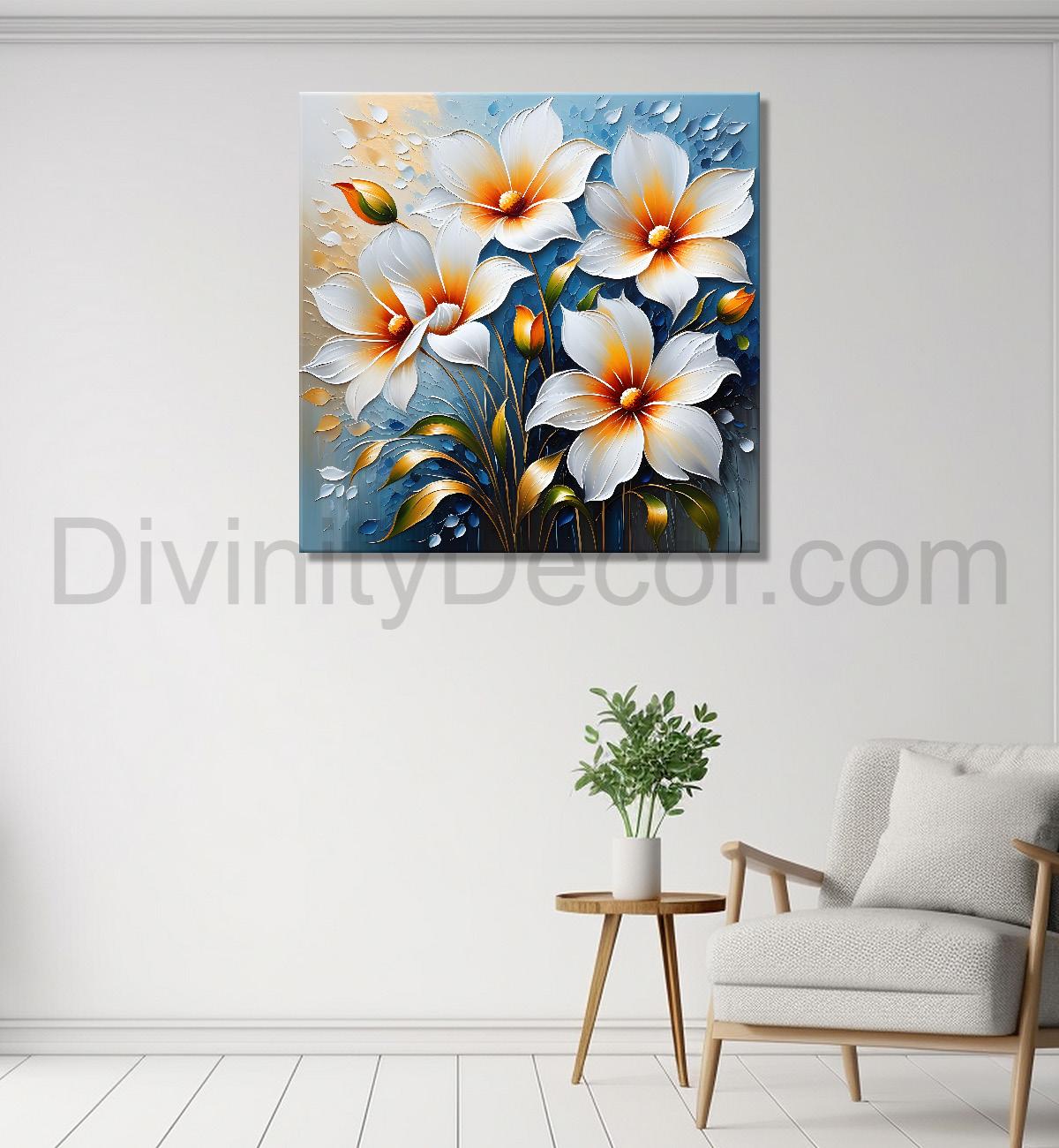 White flowers in blue background textured painting  - Flower-S-98