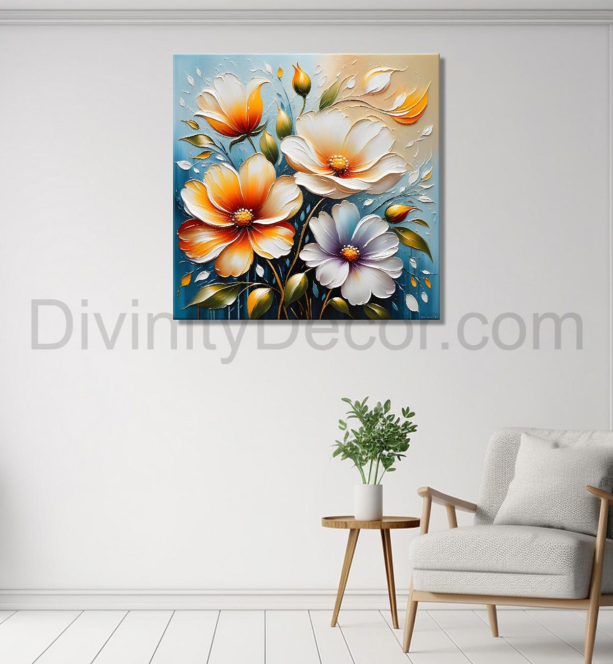 Peach flowers in blue background textured painting - Flower-S-100
