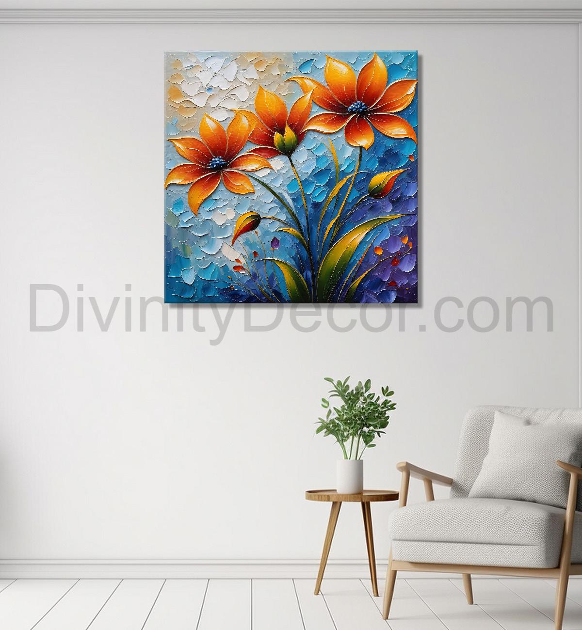 Orange flowers in blue background textured painting - Flower-S-101