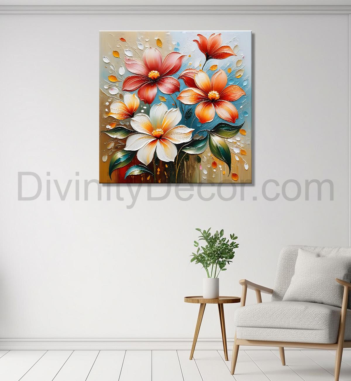 White and orange flowers in light brown textured painting - Flower-S-102