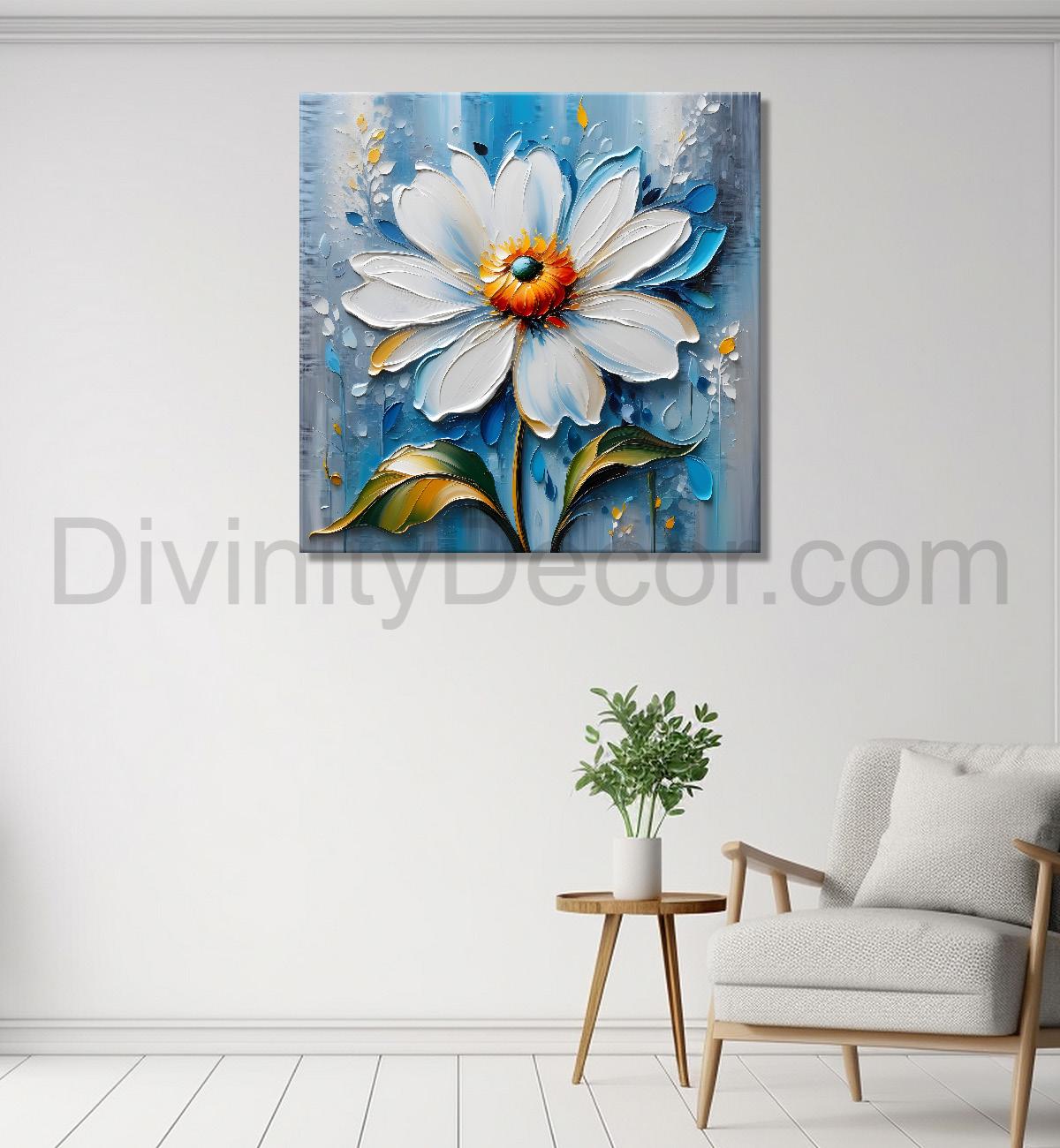 White flower in blue background textured painting - Flower-S-103