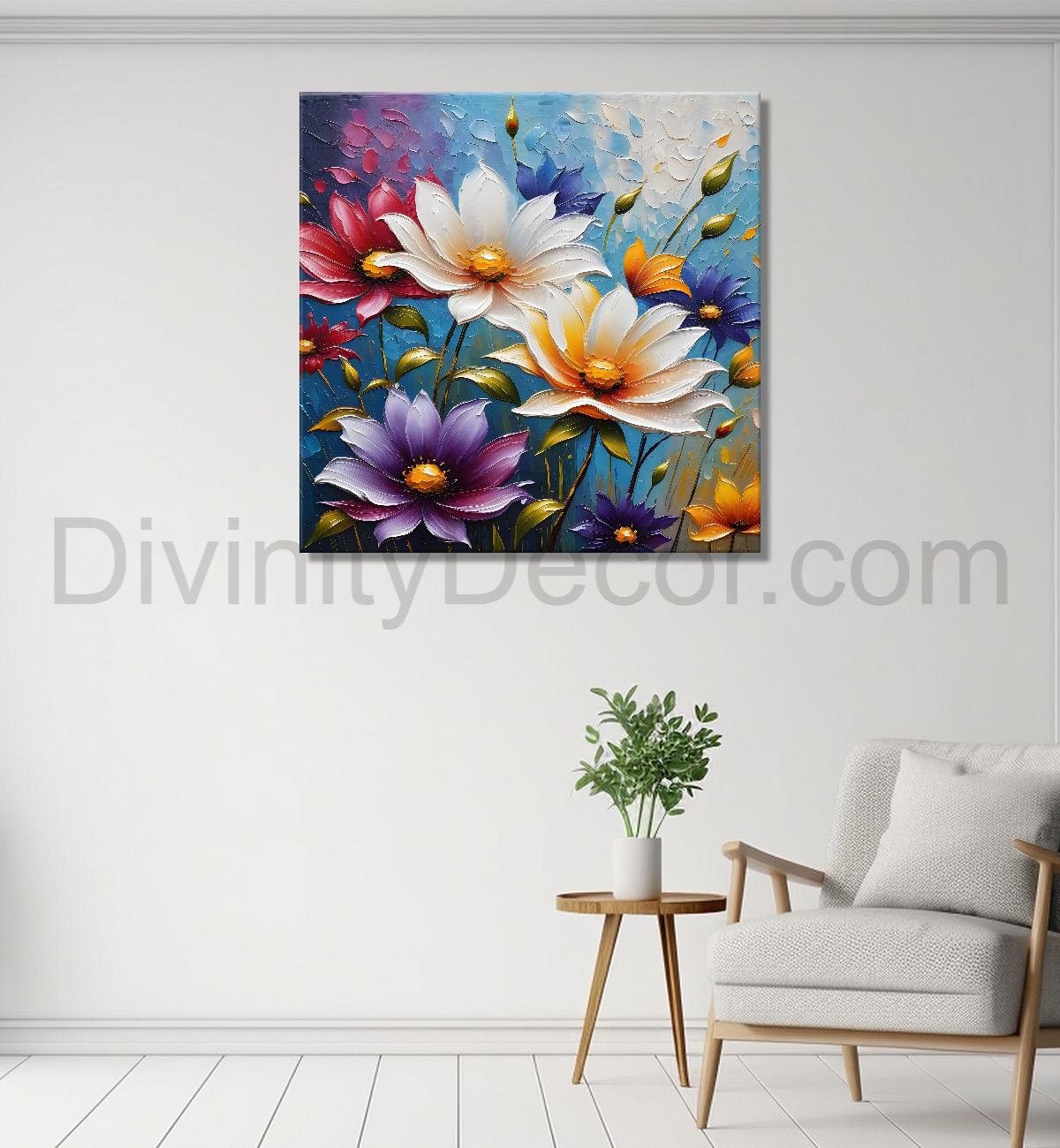 Colourful flowers in blue background textured painting - Flower-S-104