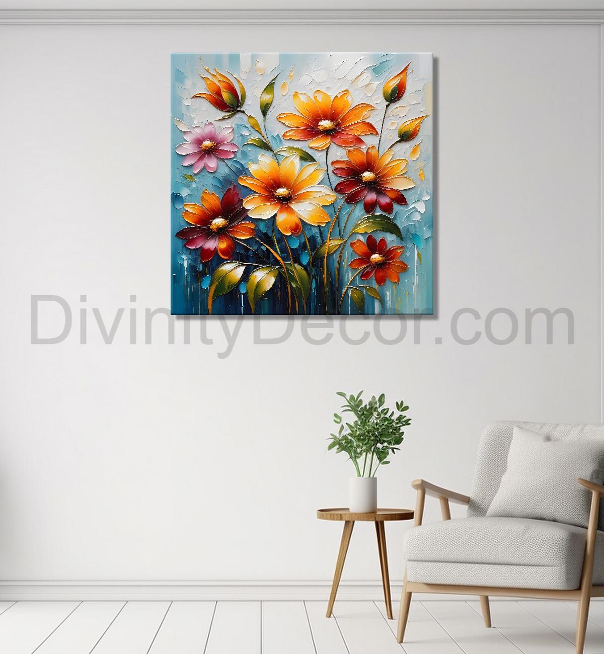 Orange flowers in grey textured painting - Flower-S-105
