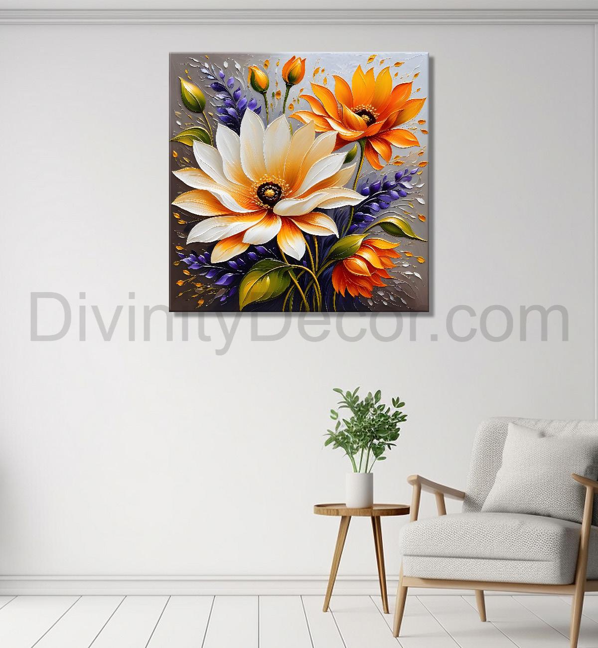Orange and white flowers in light brown textured painting - Flower-S-106