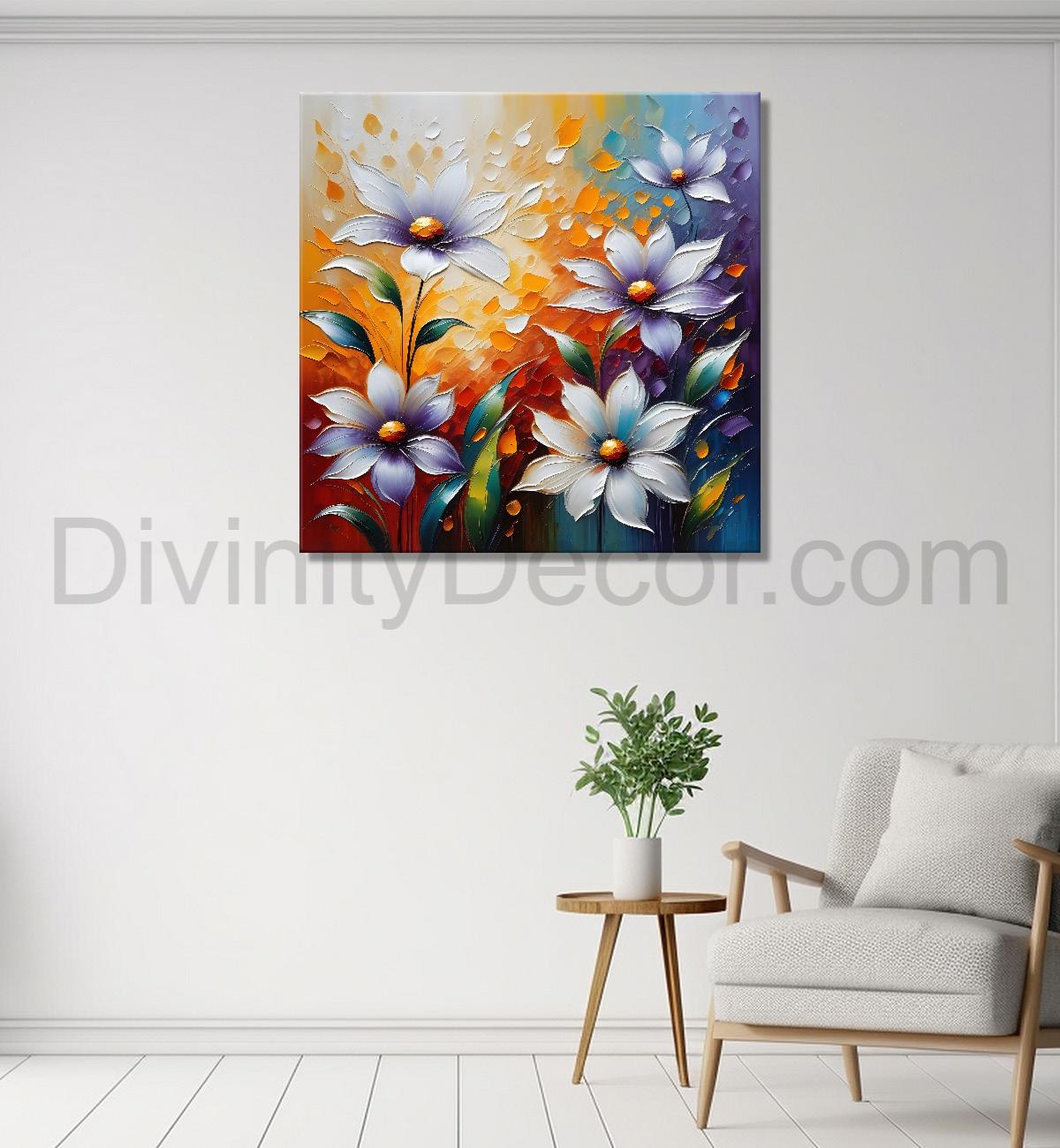 Purple flowers in yellow textured paitning - Flower-S-107