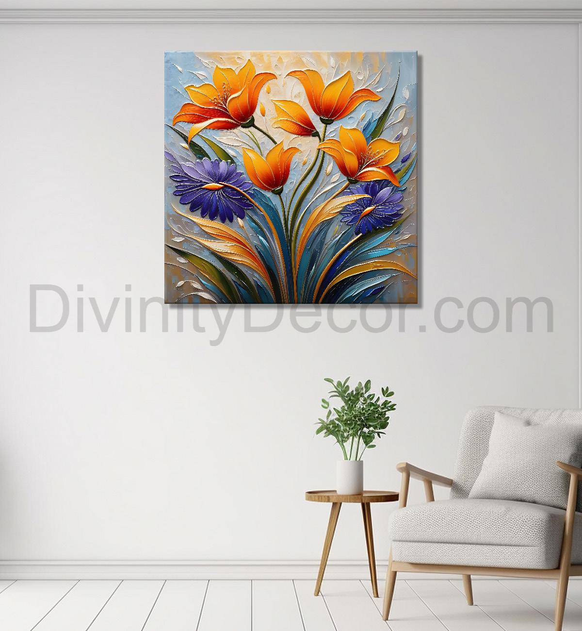 Orange flowers in grey textured painting  - Flower-S-108