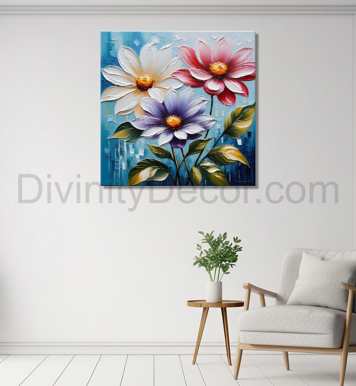 Colourful flowers in blue textured painting - Flower-S-109