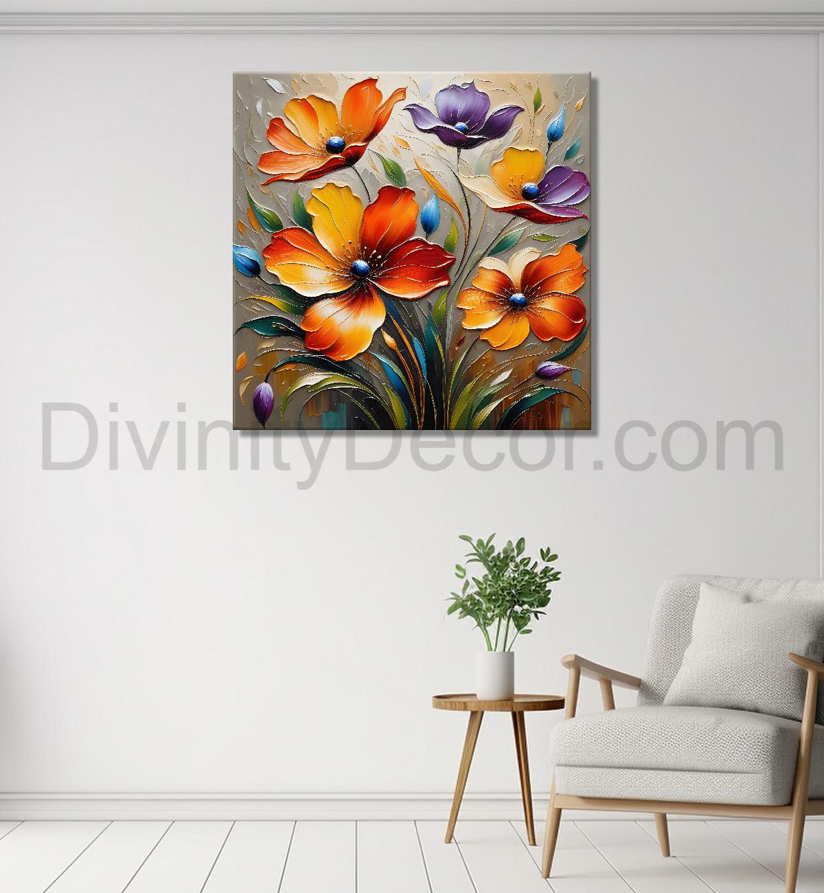 Orange flowers in light background textured painting - Flower-S-110