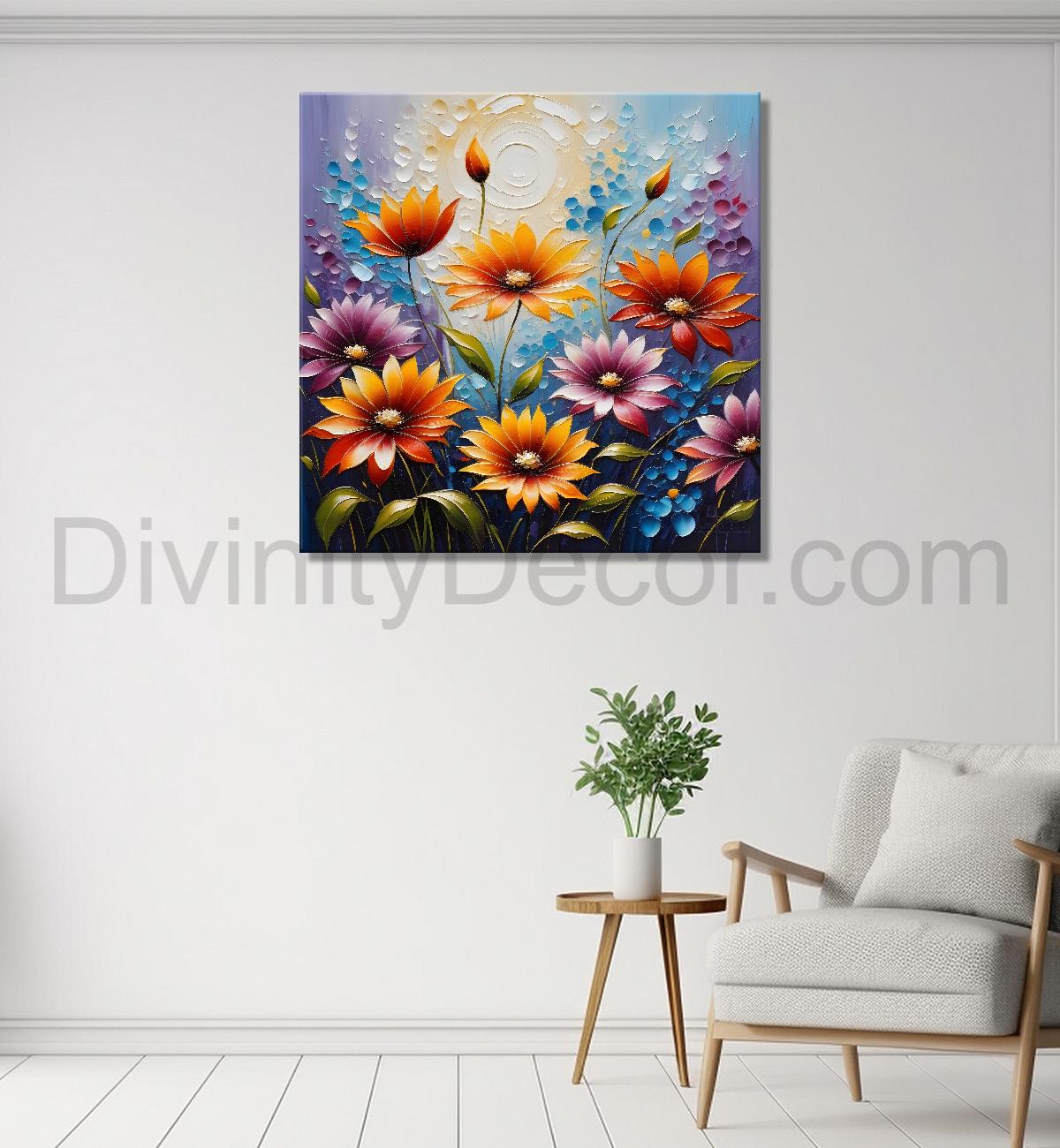 Colourful flowers in blue textured painting - Flower-S-111