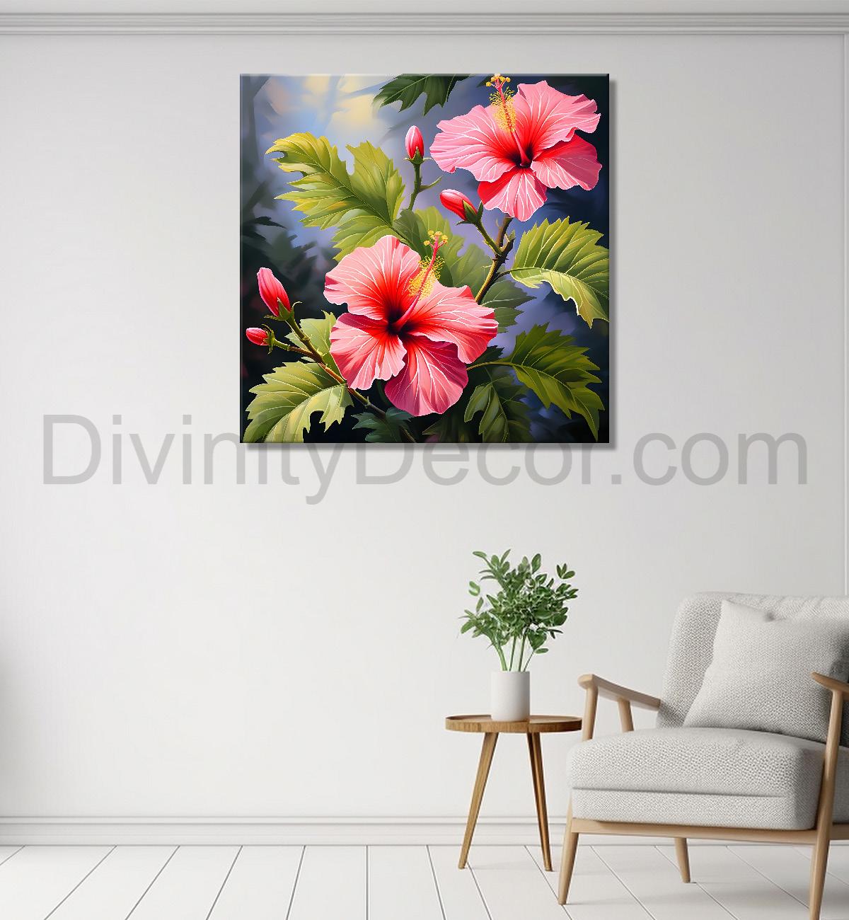 Hibiscus flowers in pink textued painting - Flower-S-114