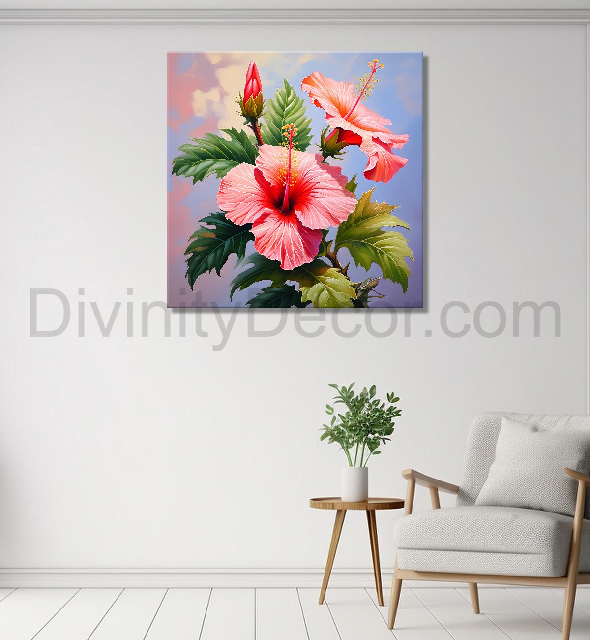Hibiscus flowers in pink textued painting - Flower-S-115