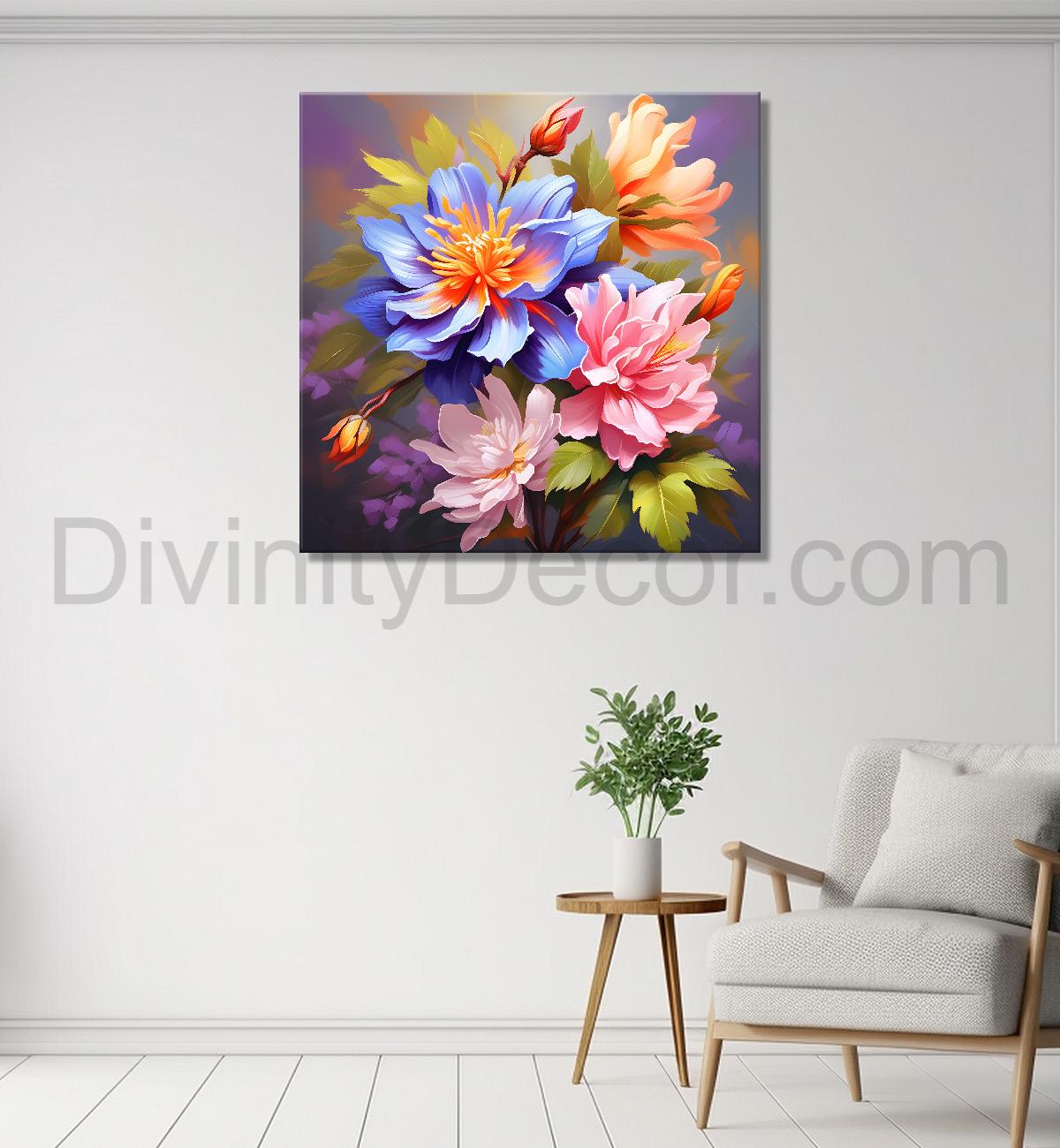 Pink and orange flowers in grey textured painting - Flower-S-116