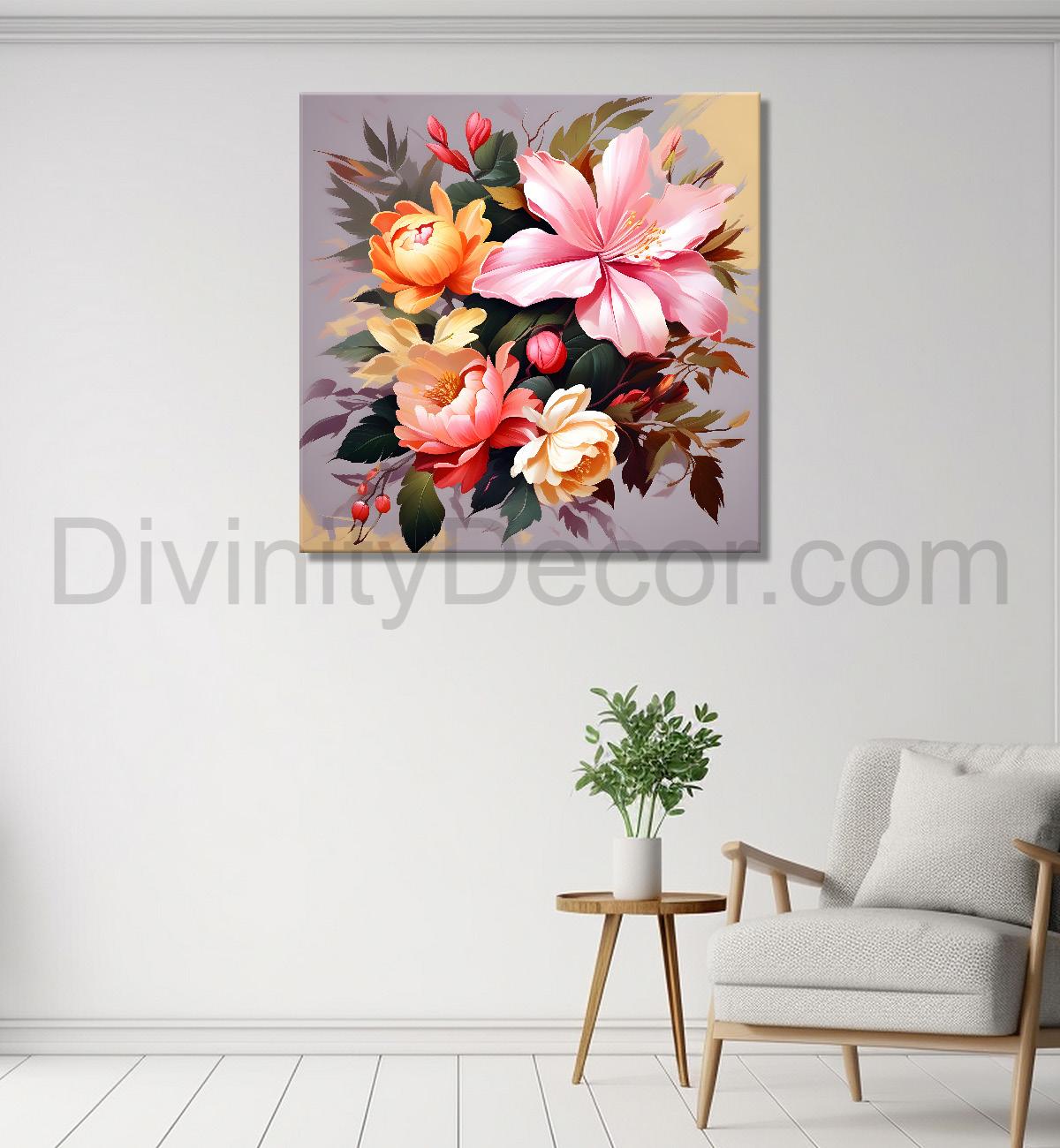 Purple and peach flowers in light background textured paitning - Flower-S-117