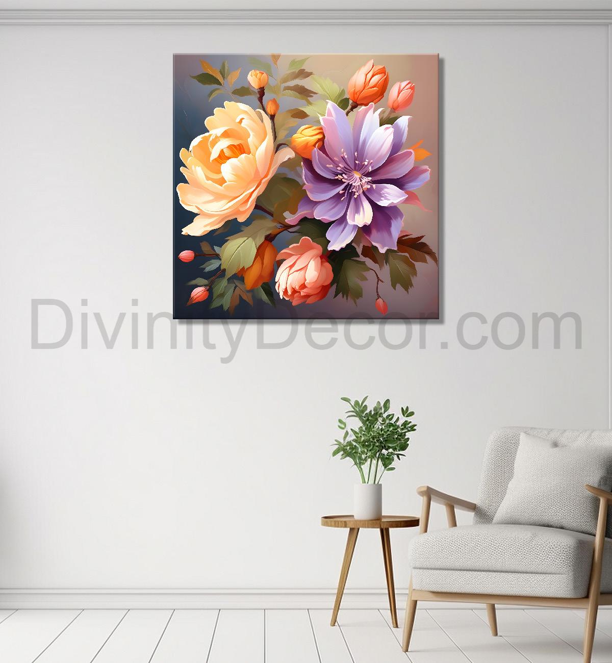 Purple and peach flowers in light background textured paitning - Flower-S-118