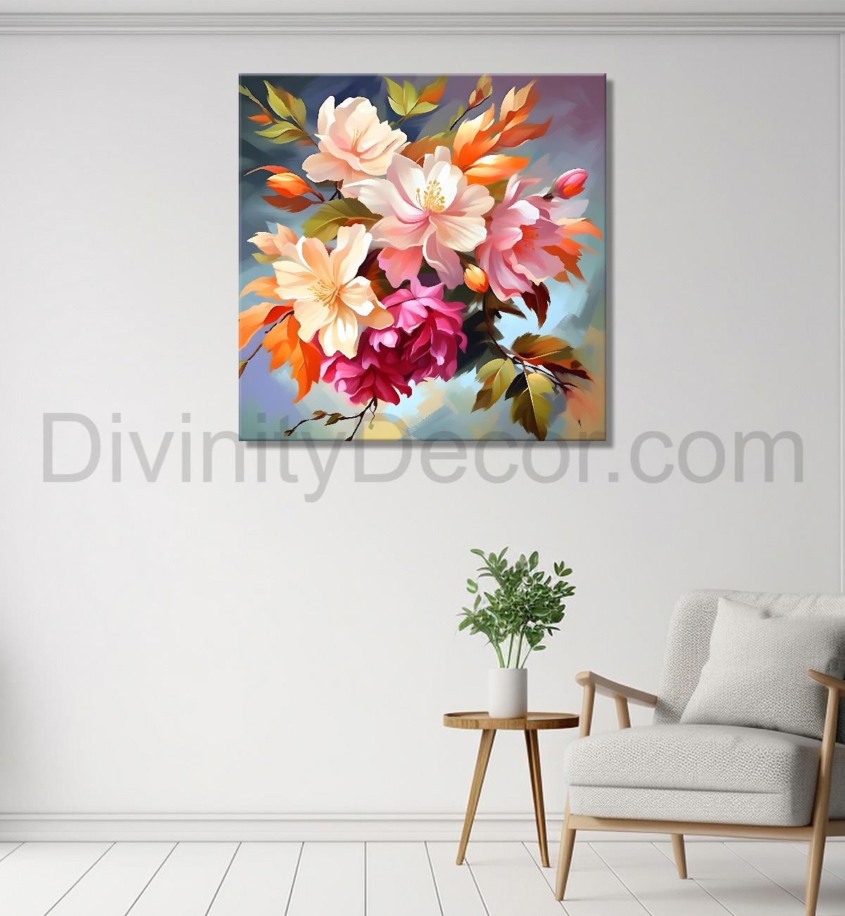 Pink flowers in blue background textured painting - Flower-S-121