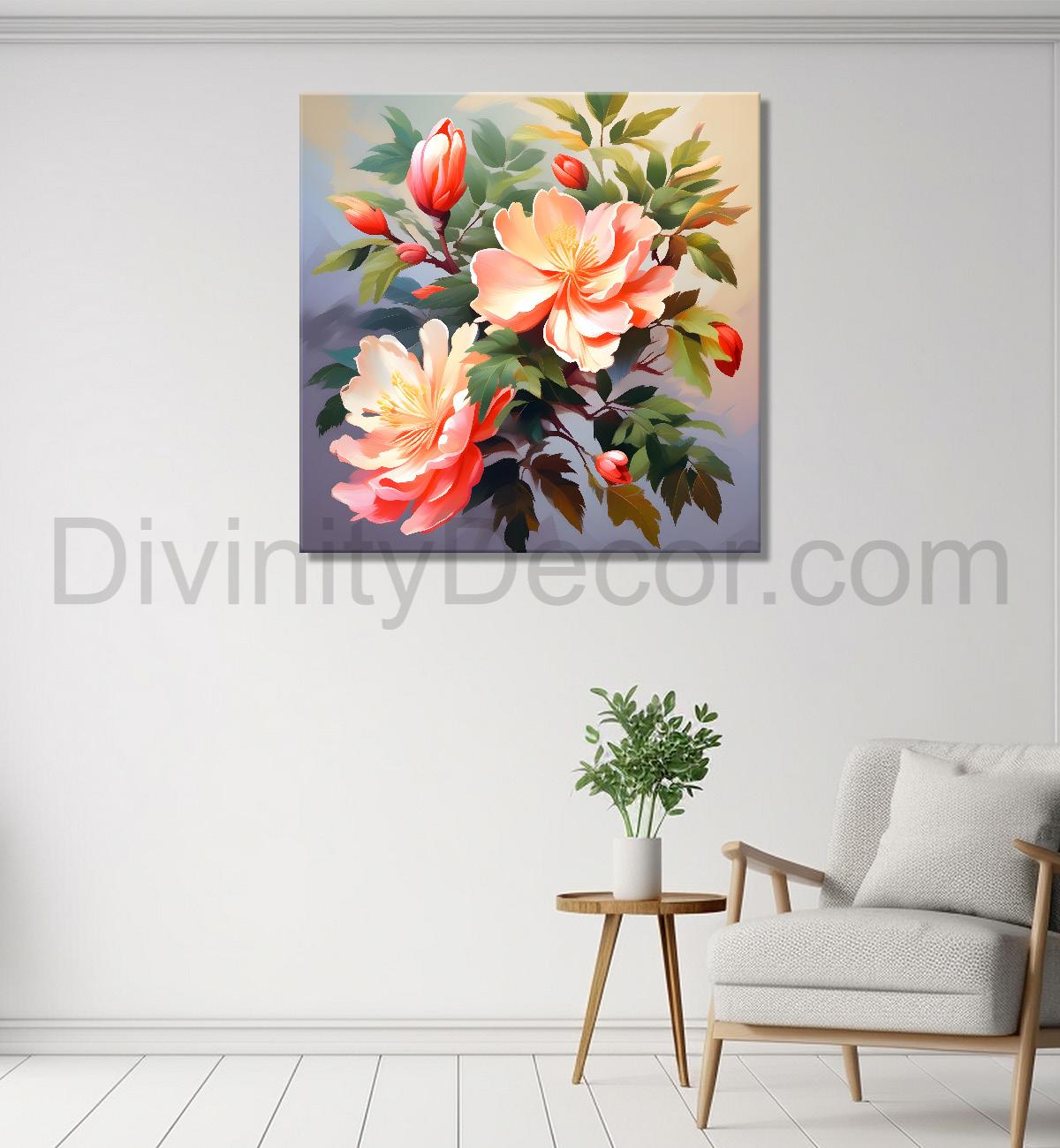 Pink flowers in grey background textured painting - Flower-S-122