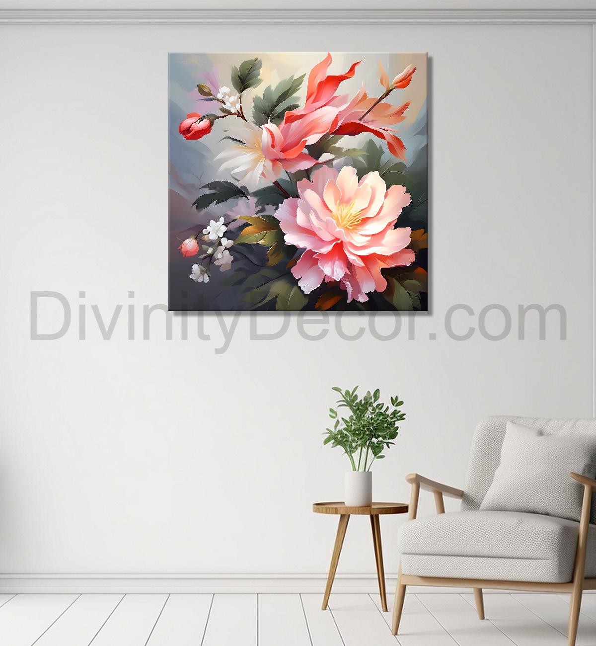 Pink flowers in grey background textured painting - Flower-S-123