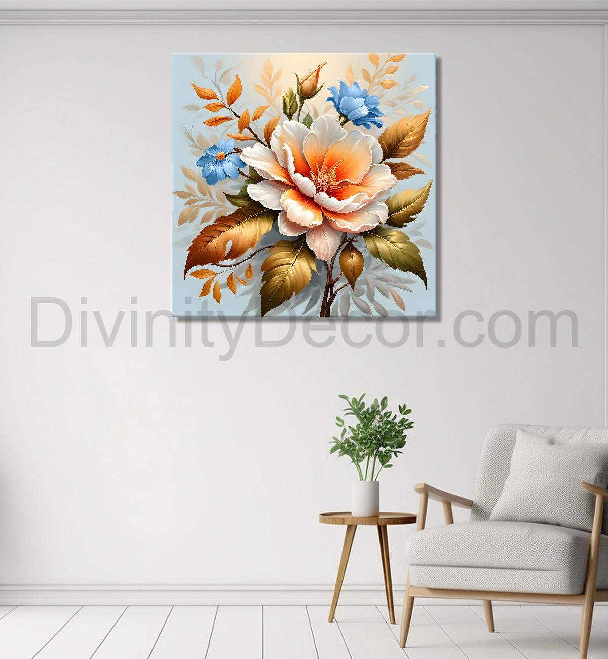 White flower in sky blue textued painting - Flower-S-124