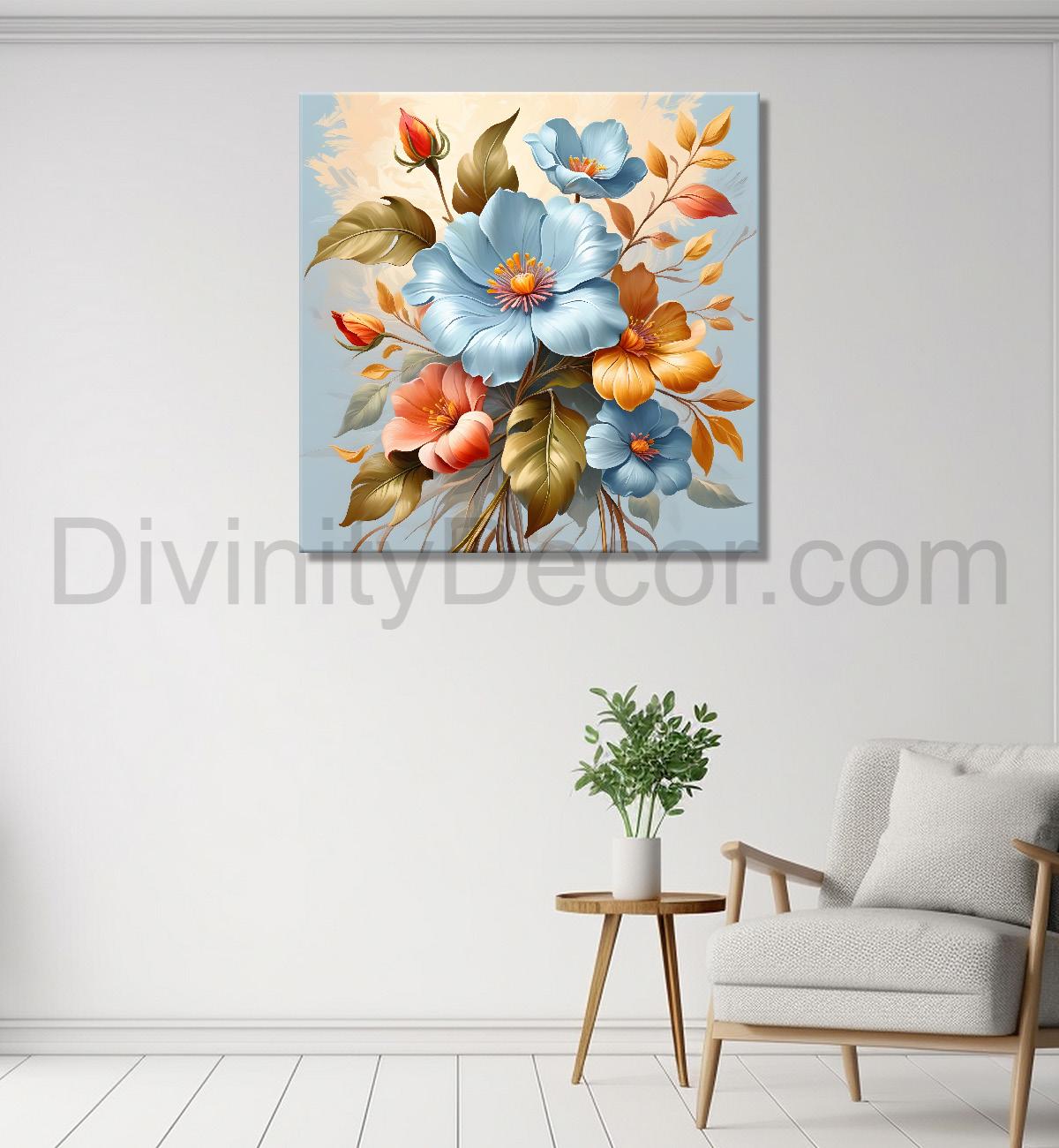 Blue flower in sky blue textured painting  - Flower-S-125