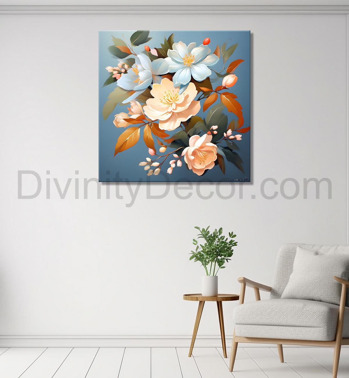 White flowers in sky blue textued painting - Flower-S-127
