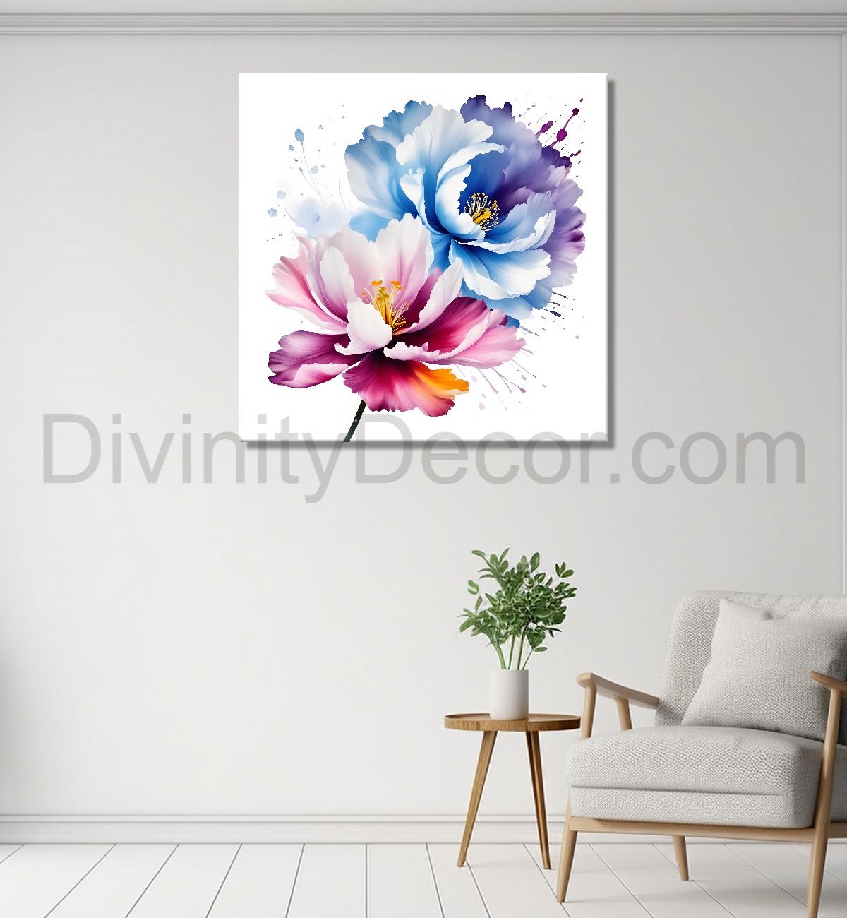 Pink and blue flower water colour painting - Flower-S-136