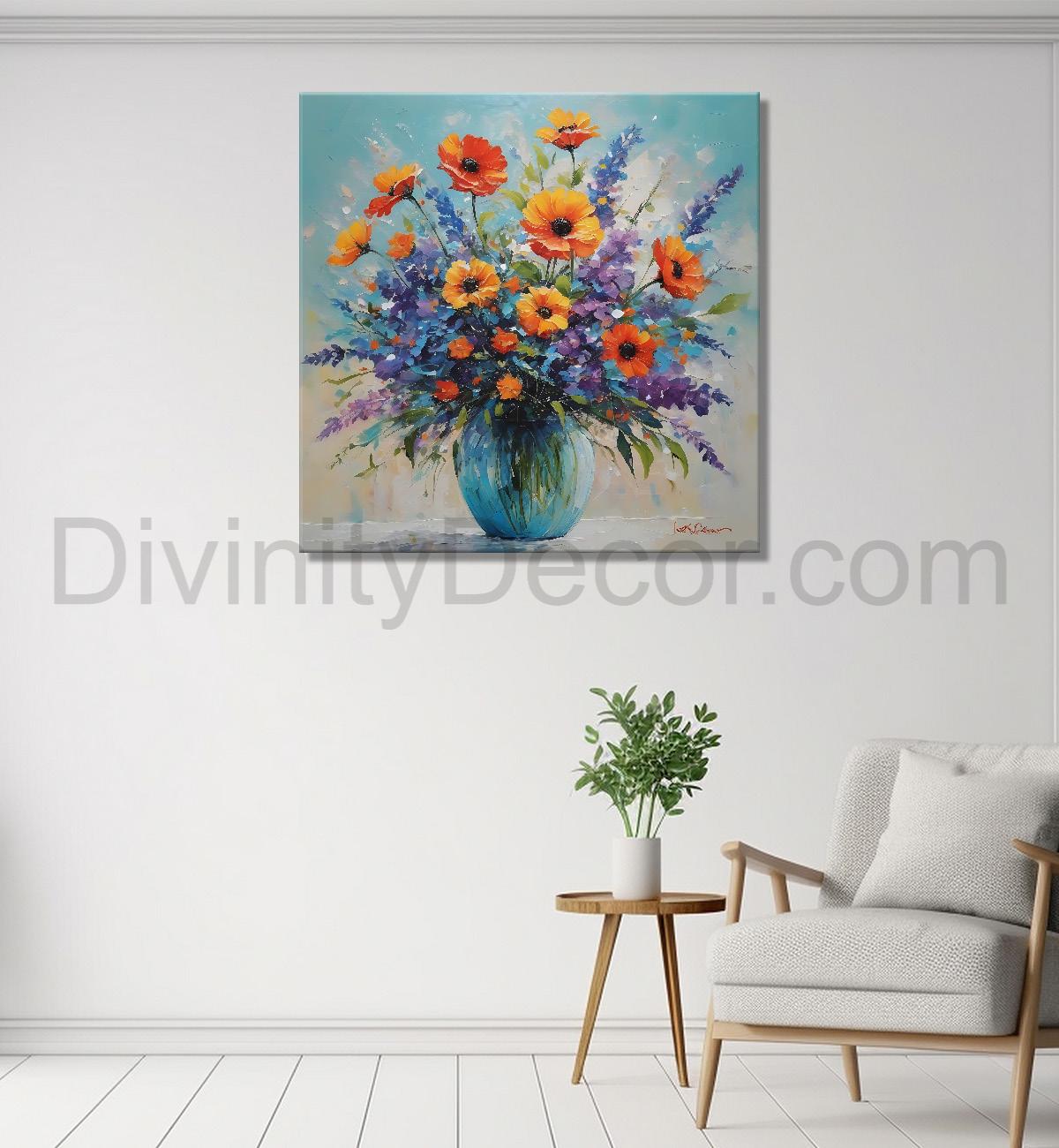 Colourful flowers in a vas in blue textured painting - Flower-S-147