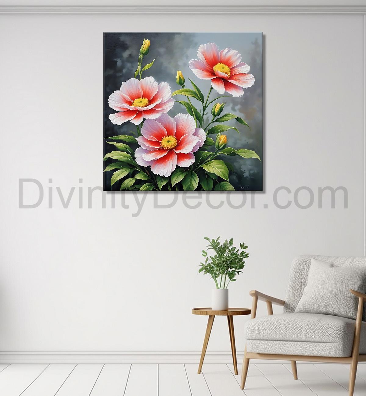 Pink flowers in grey background textured painting - Flower-S-148