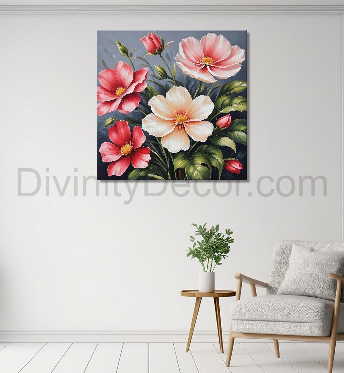 White and pink flowers in grey textured painting - Flower-S-150