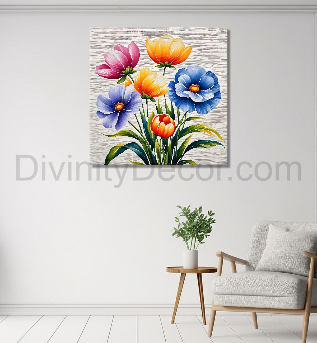 Colourful  flowers in grey textured painting - Flower-S-151