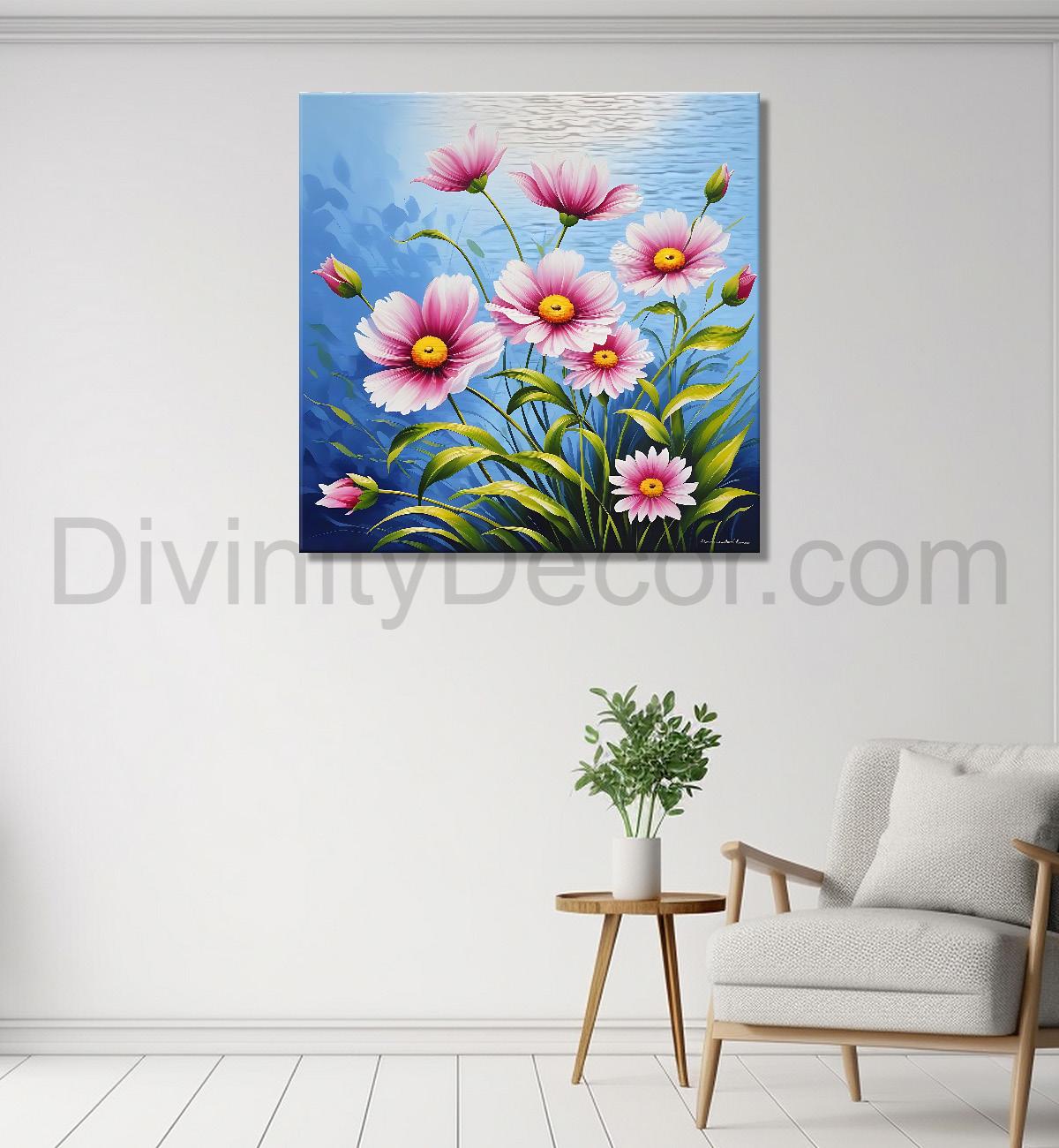 Pink flowers in blue background textured painting - Flower-S-153